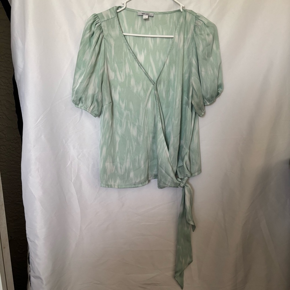 Nine West Green Puff Sleeve Wrap Blouse